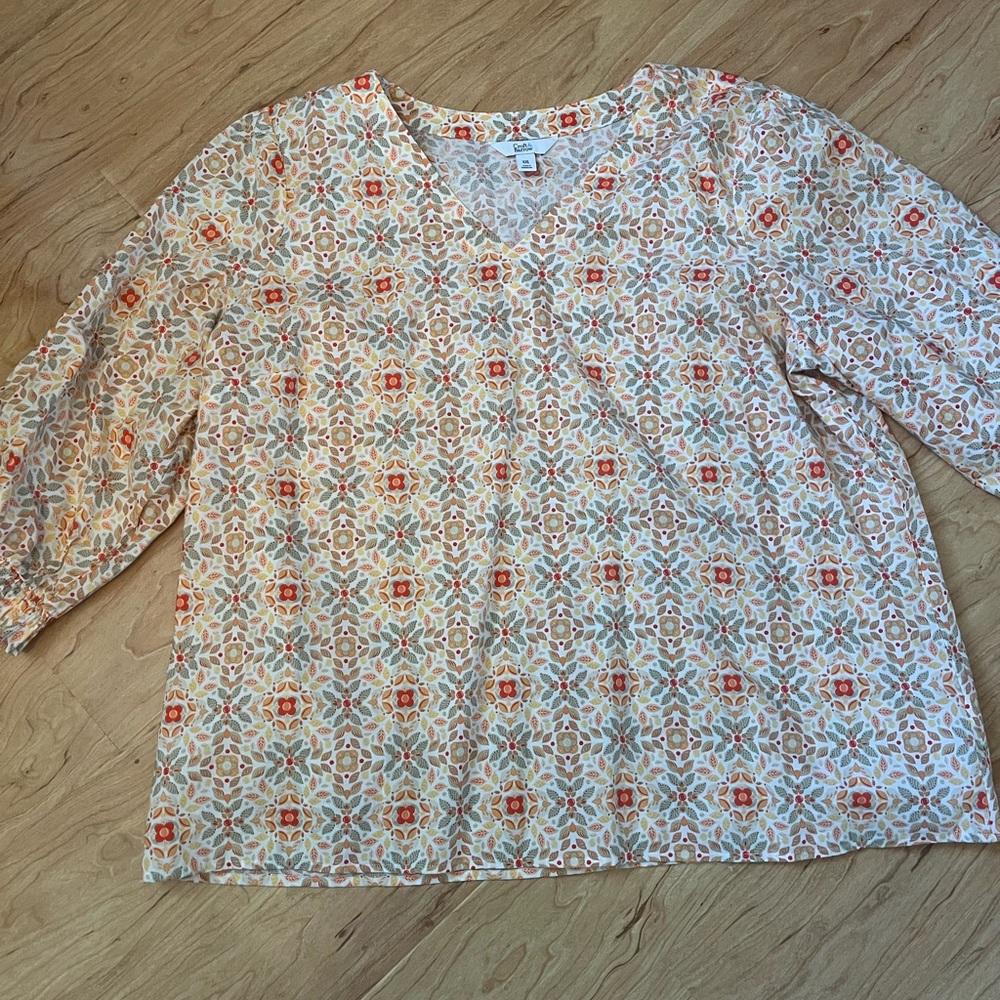 Floral V-Neck Blouse - Orange and Cream